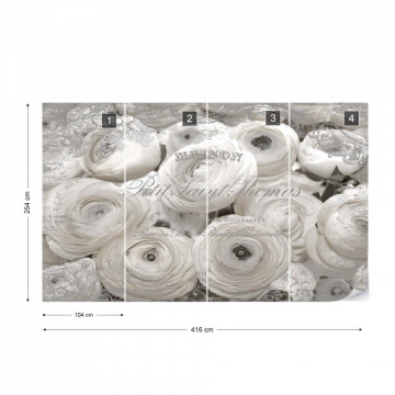 White Peonies Vintage Script Black And White Photo Wallpaper Wall Mural