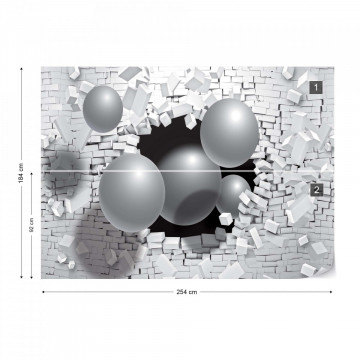 3D Balls Bursting Through Brick Wall Photo Wallpaper Wall Mural