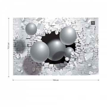 3D Balls Bursting Through Brick Wall Photo Wallpaper Wall Mural