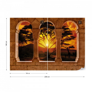 Africa Sunset Tree Silhouette View Through Stone Arches Photo Wallpaper Wall Mural