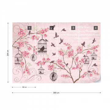Cherry Blossom And Birds Vintage Design Pink Photo Wallpaper Wall Mural