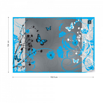Flowers And Butterflies Modern Design Blue Photo Wallpaper Wall Mural