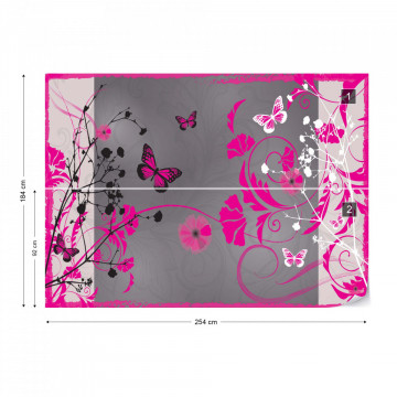 Flowers And Butterflies Modern Design Pink Photo Wallpaper Wall Mural