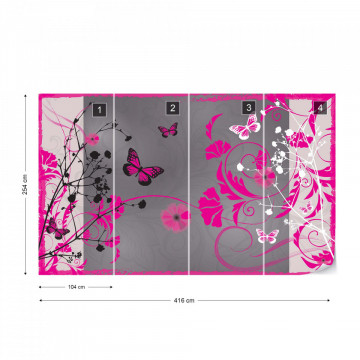 Flowers And Butterflies Modern Design Pink Photo Wallpaper Wall Mural