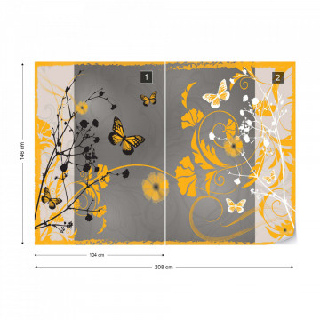 Flowers And Butterflies Modern Design Yellow Photo Wallpaper Wall Mural