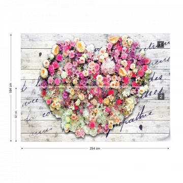 Flowers Heart Wood Planks Vintage Script Photo Wallpaper Wall Mural