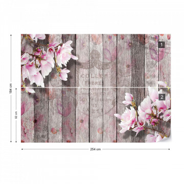 Flowers Vintage Script Rustic Wood Planks Photo Wallpaper Wall Mural