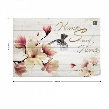 Magnolia Flowers Wood Planks "Home Sweet Home" Photo Wallpaper Wall Mural