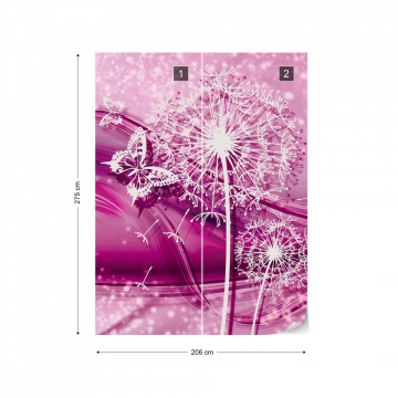 Modern Butterflies And Dandelions Pink Photo Wallpaper Wall Mural