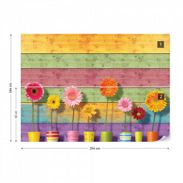 Sunny Flowers And Colourful Wood Planks Photo Wallpaper Wall Mural
