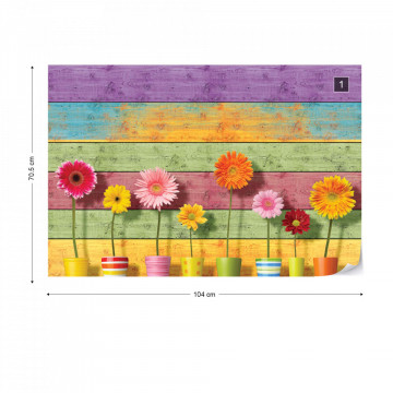 Sunny Flowers And Colourful Wood Planks Photo Wallpaper Wall Mural