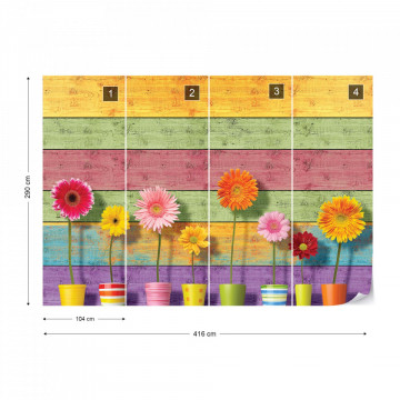 Sunny Flowers And Colourful Wood Planks Photo Wallpaper Wall Mural