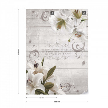 Vintage Chic Flowers Wood Planks French Script Photo Wallpaper Wall Mural
