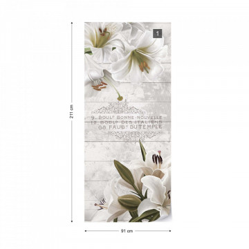 Vintage Chic Flowers Wood Planks French Script Photo Wallpaper Wall Mural