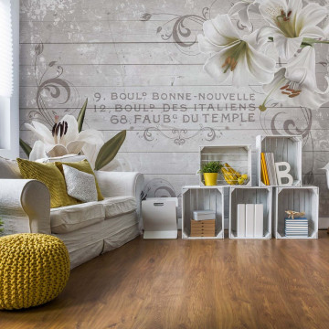 Vintage Chic Flowers Wood Planks French Script Photo Wallpaper Wall Mural