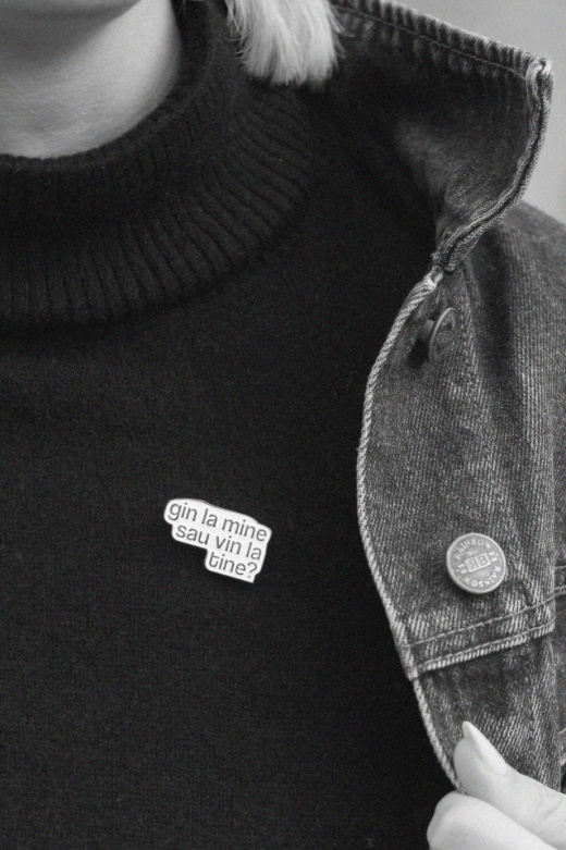 insigna metalica "gin la mine sau vin la tine?"