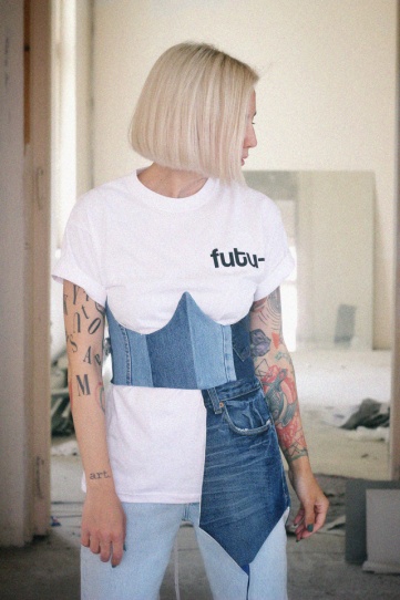 corset lung din denim upcycled Tombabe & Laura Chiriță collab.