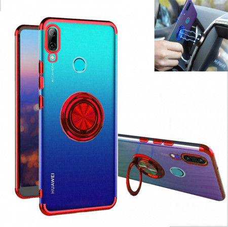 Husa Huawei P SMART 2019 | Honor 10 LITE - Husa Silicon Transparenta cu Inel Rotativ si Margini Rosii