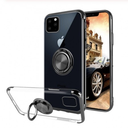 Husa iPhone 11 Pro din Silicon Transparenta cu Inel Rotativ si Margini Negre