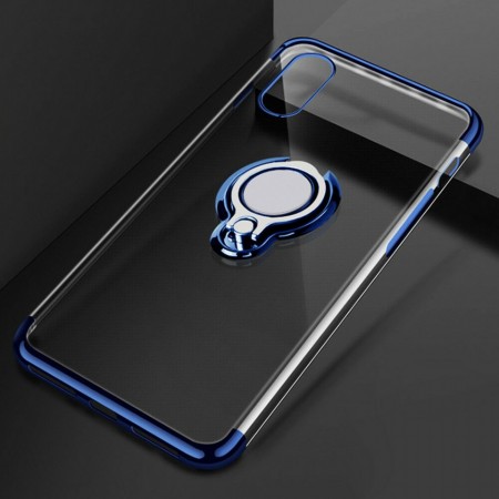 Husa iPhone XR din Silicon Transparenta cu Inel Rotativ si Margini Albastre