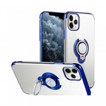 Husa iPhone 11 Pro din Silicon Transparenta cu Inel Rotativ si Margini Albastre