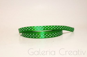 Panglica satinata verde smarald cu buline mici albe 10mm x 21m/rola