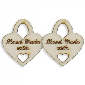 Lacat placaj natur pirogravat forma inima inscriptie Handmade with 3x3,5cm 2/set