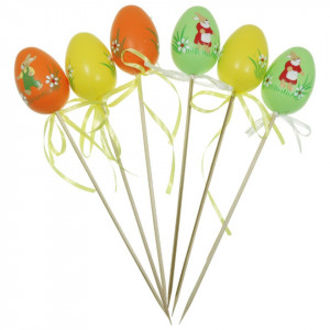 Ou plastic cu model iepuras portocaliu/galben/verde 6cm pe bat 19cm 6/set DD64399
