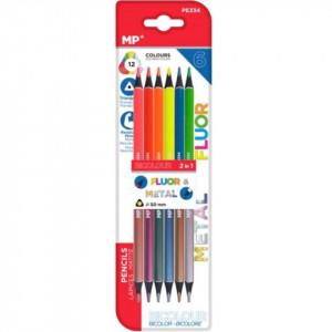 Creion 2 capete triunghiular bicolor fluorescent si metalizat mina 3mm 6/set PE334