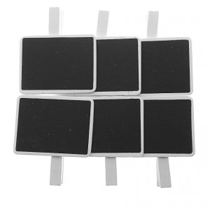 Tablita neagra dreptunghiulara 5x6,5cm cu cleste lemn alb 7,5cm 6/set 351503