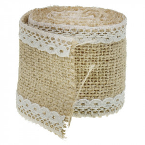 Banda iuta natur cu dantela alba pe margini model-2 5,5cm x 2m/rola