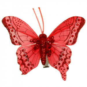 Fluture pene si plastic rosu, rosu inchis cu sclipici si cleste 8x6,5cm