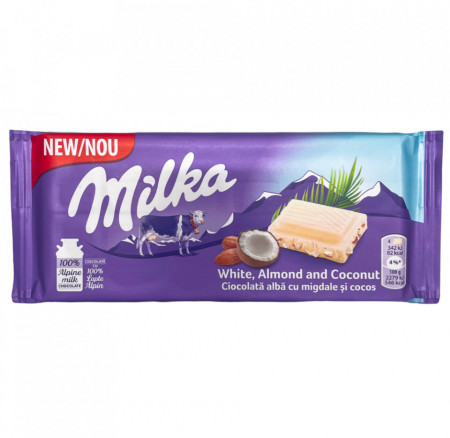 Milka Ciocolata Alba cu Migdale si Nuca de Cocos 90g