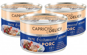 Capricii si Delicii Pate Gurmand de Porc Integral 45% Ficat 3 buc x 145g