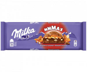 Milka Ciocolata cu Lapte umpluta cu Crema de Migdale si Cacao Crema de Caramel si Bucati de Migdale Caramelizate 300g