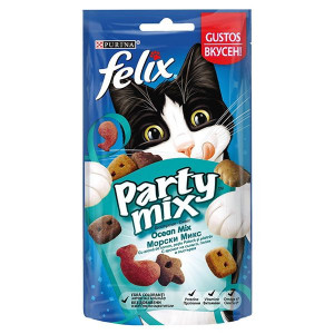Purina Felix Recompense pentru Pisici Party Mix Ocean Mix cu Aroma de Somon Peste Pollock si Pastrav 60g