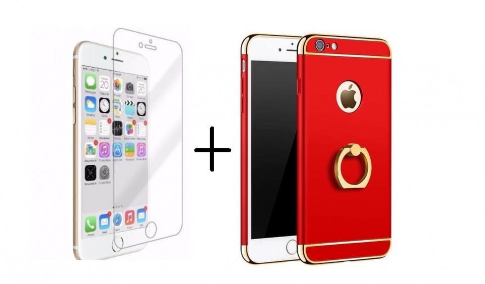 Pachet husa Elegance Luxury 3in1 Ring Red pentru Apple iPhone 7 Plus cu folie de sticla gratis