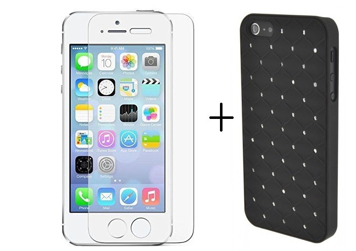 Pachet husa Elegance Luxury Black cu diamante pe spate pentru Apple iPhone 5 / Apple iPhone 5S / Apple iPhone SE cu folie de sticla gratis !