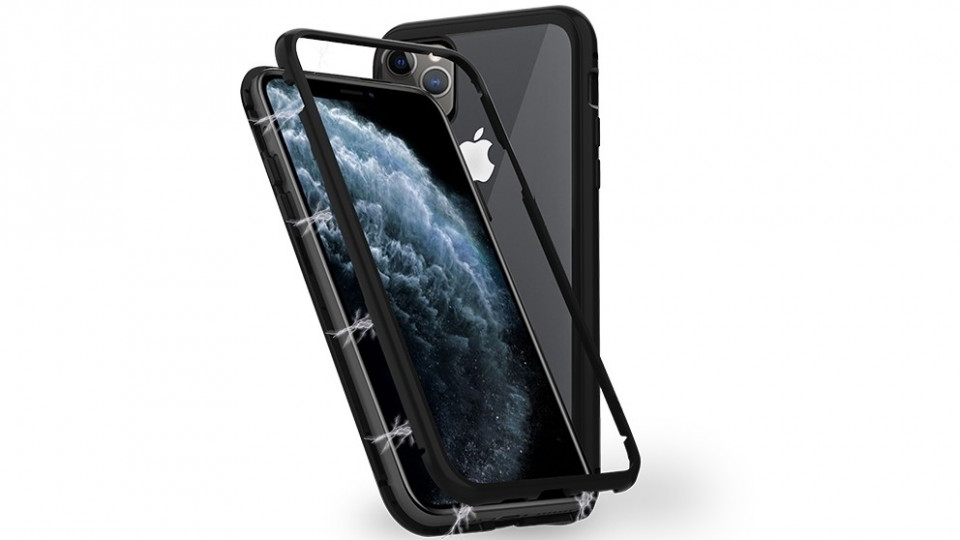 Husa Apple iPhone 11 PRO Negru, Perfect Fit cu spate de sticla securizata premium + folie de sticla gratis !