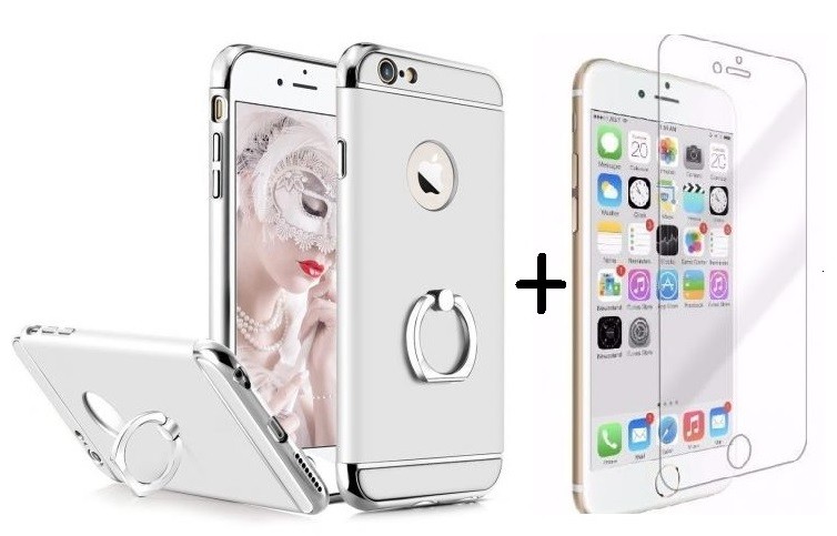 Pachet husa Elegance Luxury 3in1 Ring Silver pentru Apple iPhone 6 Plus / Apple iPhone 6S Plus cu folie de sticla gratis