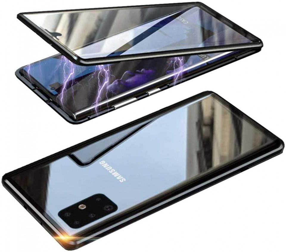 Husa Samsung Galaxy S20 , Magnetica 360 Negru, Perfect Fit cu spate de sticla securizata premium + folie de sticla pentru ecran