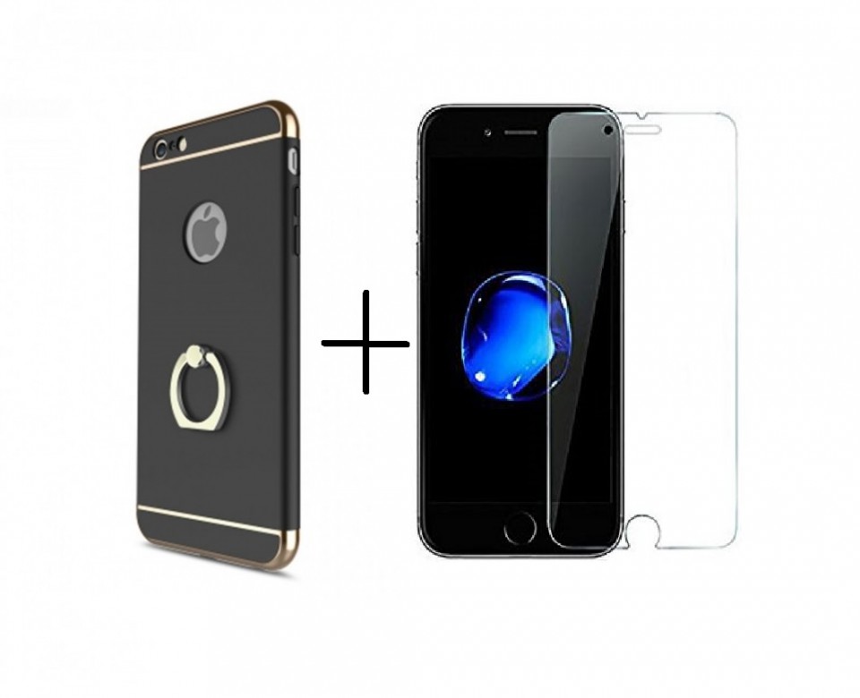 Pachet husa Elegance Luxury 3in1 Ring Black pentru Apple iPhone 7 Plus cu folie de sticla gratis