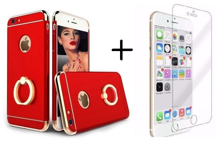 Pachet husa Elegance Luxury 3in1 Ring Red pentru Apple iPhone 6 Plus / Apple iPhone 6S Plus cu folie de sticla gratis