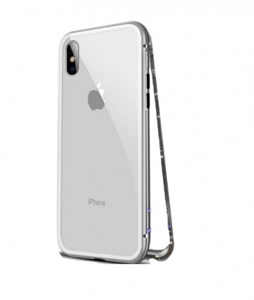 Husa Apple iPhone 8, Magnetica Argintiu, Perfect Fit cu spate de sticla securizata premium