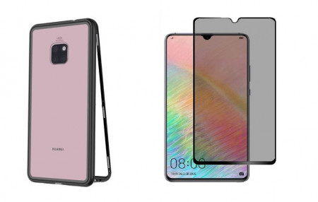Husa Huawei Mate 20 Magnetica cu spate din sticla securizata si folie privacy pentru ecran, Perfect Fit
