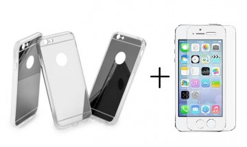 Pachet husa Elegance Luxury Tip Oglinda Silver pentru Apple Iphone 5 / Apple iPhone 5S / Apple iPhone 5SE cu folie de sticla gratis !