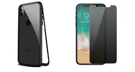 Husa Apple iPhone XS Magnetica cu spate din sticla securizata si folie privacy pentru ecran, Perfect Fit