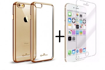 Pachet husa Elegance Luxury placata Gold pentru Apple iPhone 6 Plus / Apple iPhone 6S Plus cu folie de protectie gratis