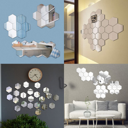 Set Oglinzi Design Hexagon Silver - Oglinzi Decorative Acrilice Cristal - Diamant - Luxury Home 10 bucati/set