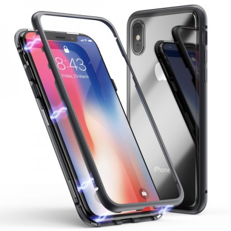 Husa Apple iPhone XS MAX Magnetica 360 grade Negru, Perfect Fit cu spate de sticla securizata premium + folie de sticla pentru ecran gratis